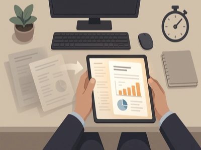 Person reviewing a digital whitepaper with charts and graphs on a tablet, symbolizing quick content evaluation in a modern workspace.