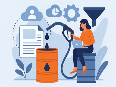 Illustration of a woman using a fuel pump to pour black liquid into an orange oil barrel while working on a laptop, symbolizing first-party data as fuel. Background includes icons of a document, cloud, pie chart, gear, and funnel. 