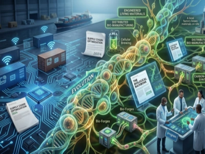 A technical infographic illustrating 'Cellular Brewing,' where industrial CO2 waste is captured and fed to engineered microbes to produce high-value bio-plastics and textiles.
