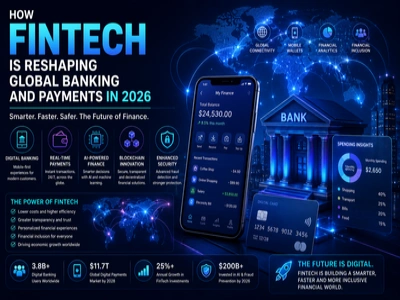 Futuristic fintech illustration showing AI-powered banking, digital payments, blockchain networks, mobile wallets, and financial analytics dashboards.