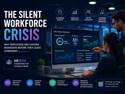 HRTech dashboard displaying AI-powered workforce analytics, employee engagement insights, predictive retention metrics, and leadership performance monitoring in a modern corporate office.