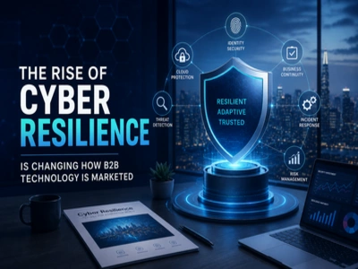 Cyber resilience and cybersecurity tools in modern B2B technology marketing illustration.