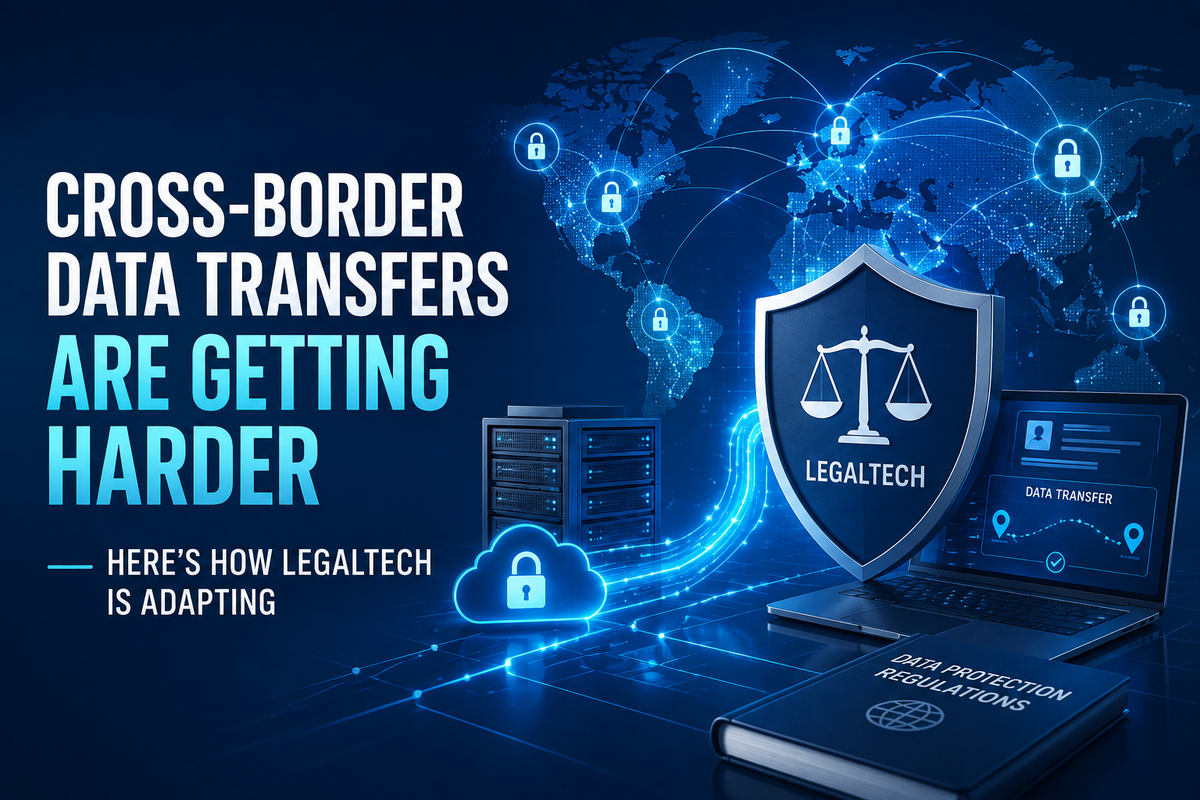 Global data transfer illustration featuring LegalTech, secure cloud infrastructure, and cross-border compliance.