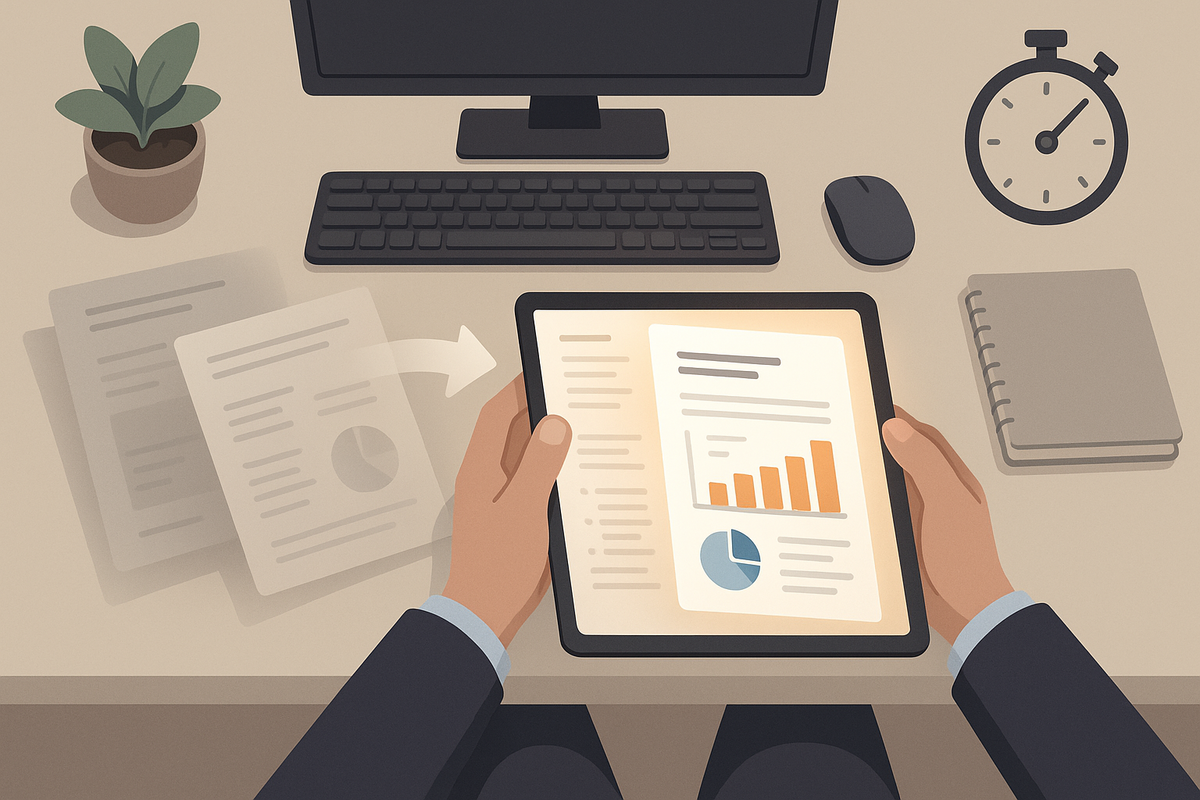 Person reviewing a digital whitepaper with charts and graphs on a tablet, symbolizing quick content evaluation in a modern workspace.