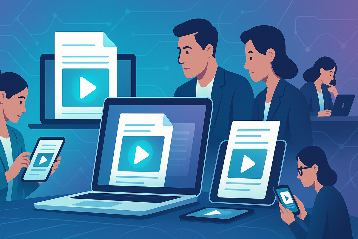 A modern vector-style illustration showing digital whitepapers transforming into short video clips displayed on laptops, tablets, and smartphones.