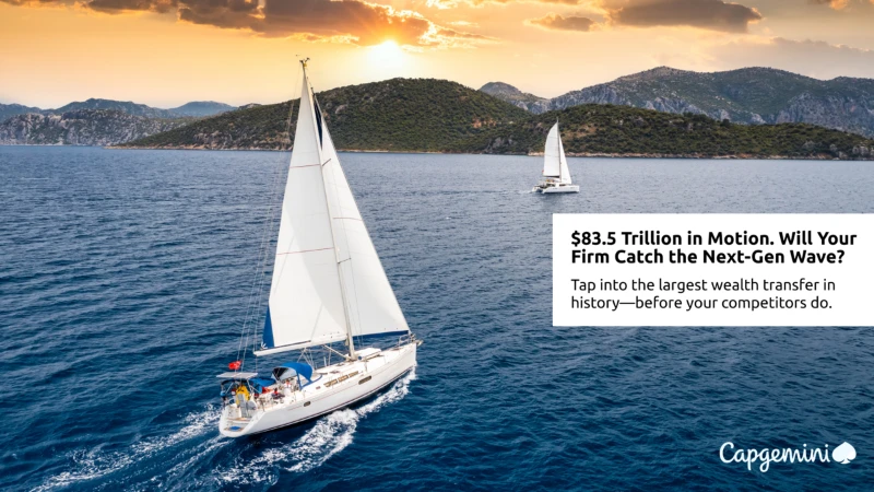 Sailboats navigating open waters at sunset, symbolizing wealth firms steering through the great wealth transfer—visual metaphor for Capgemini's World Wealth Report 2025 on Next-gen HNWI strategies.