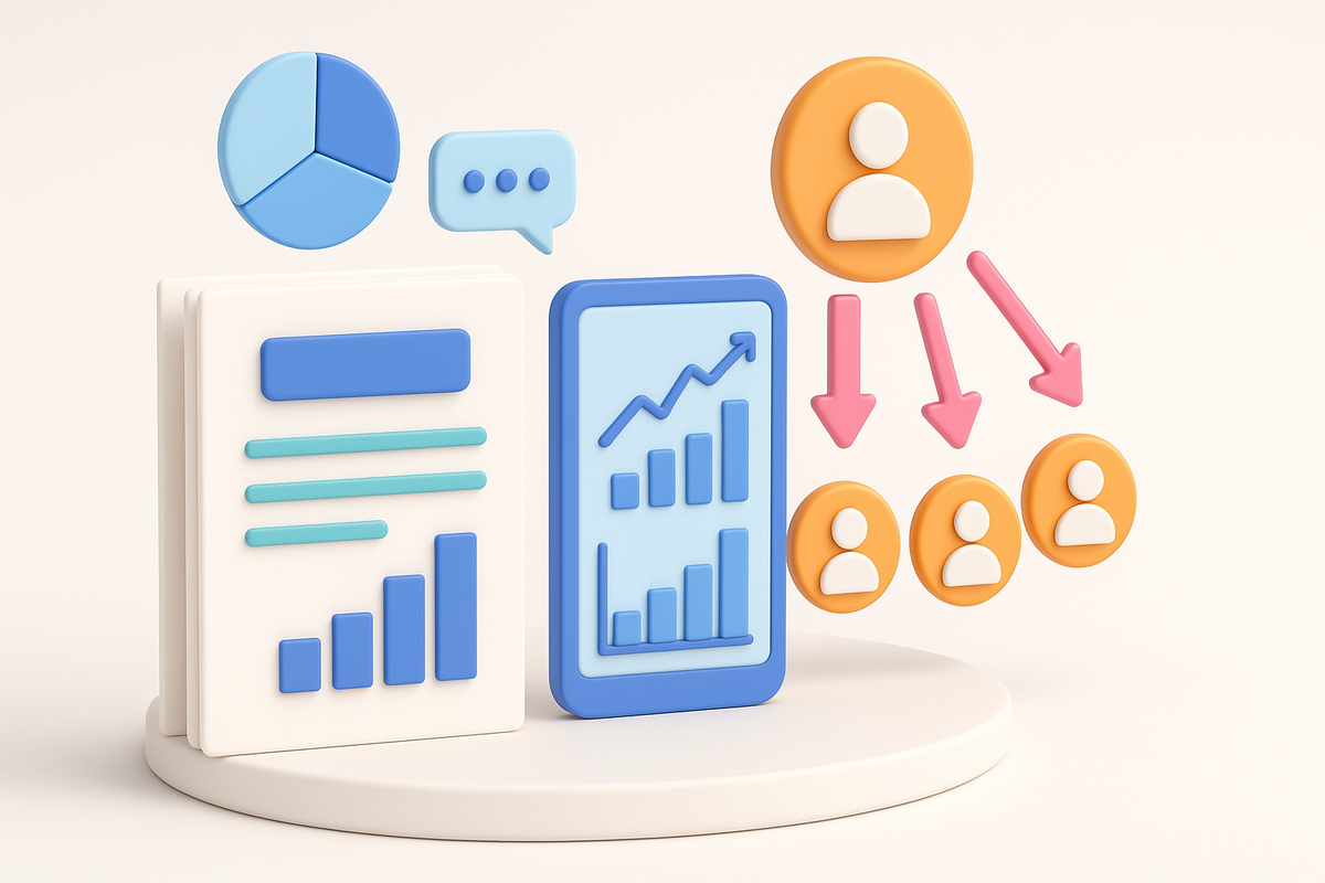 A 3D illustration showing digital charts, analytics icons, and user profile symbols connected by arrows, representing how whitepaper syndication drives high-intent B2B leads.
