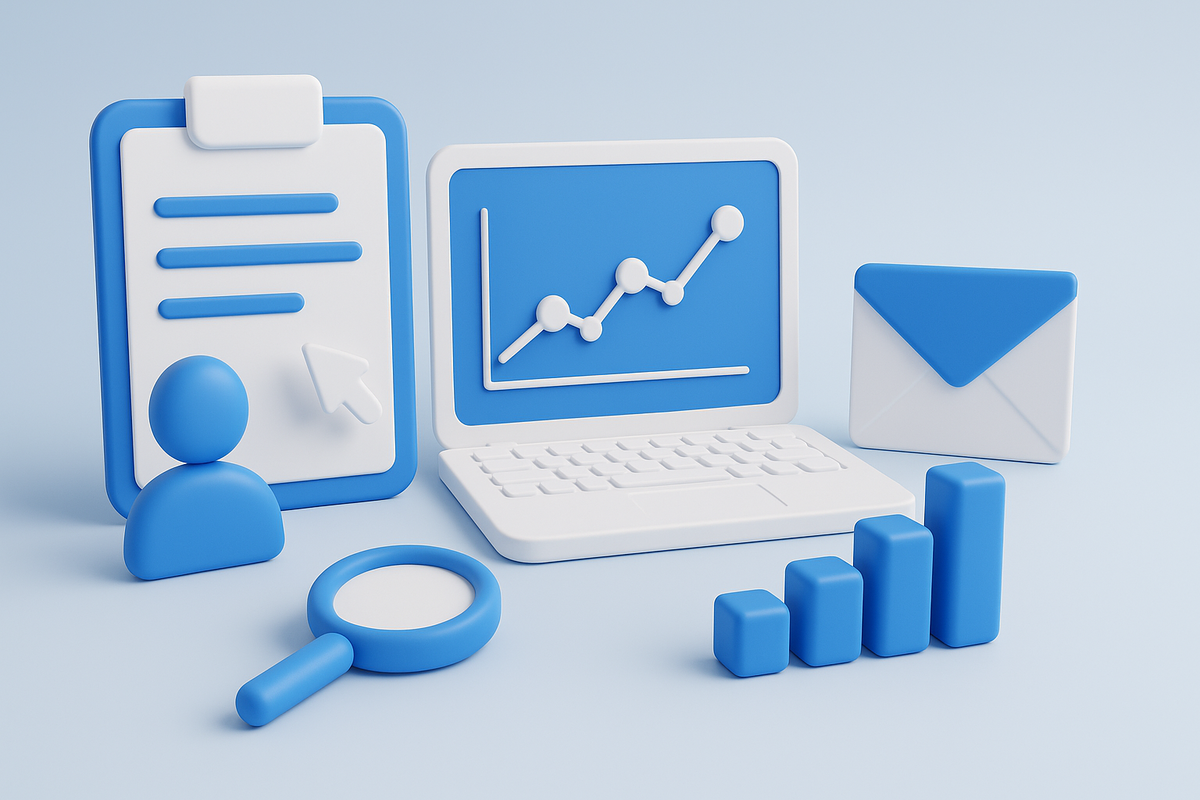 Blue 3D icons: person with clipboard, laptop with rising graph, email envelope, bar chart, and magnifying glass on light background displaying whitepaper lead generation