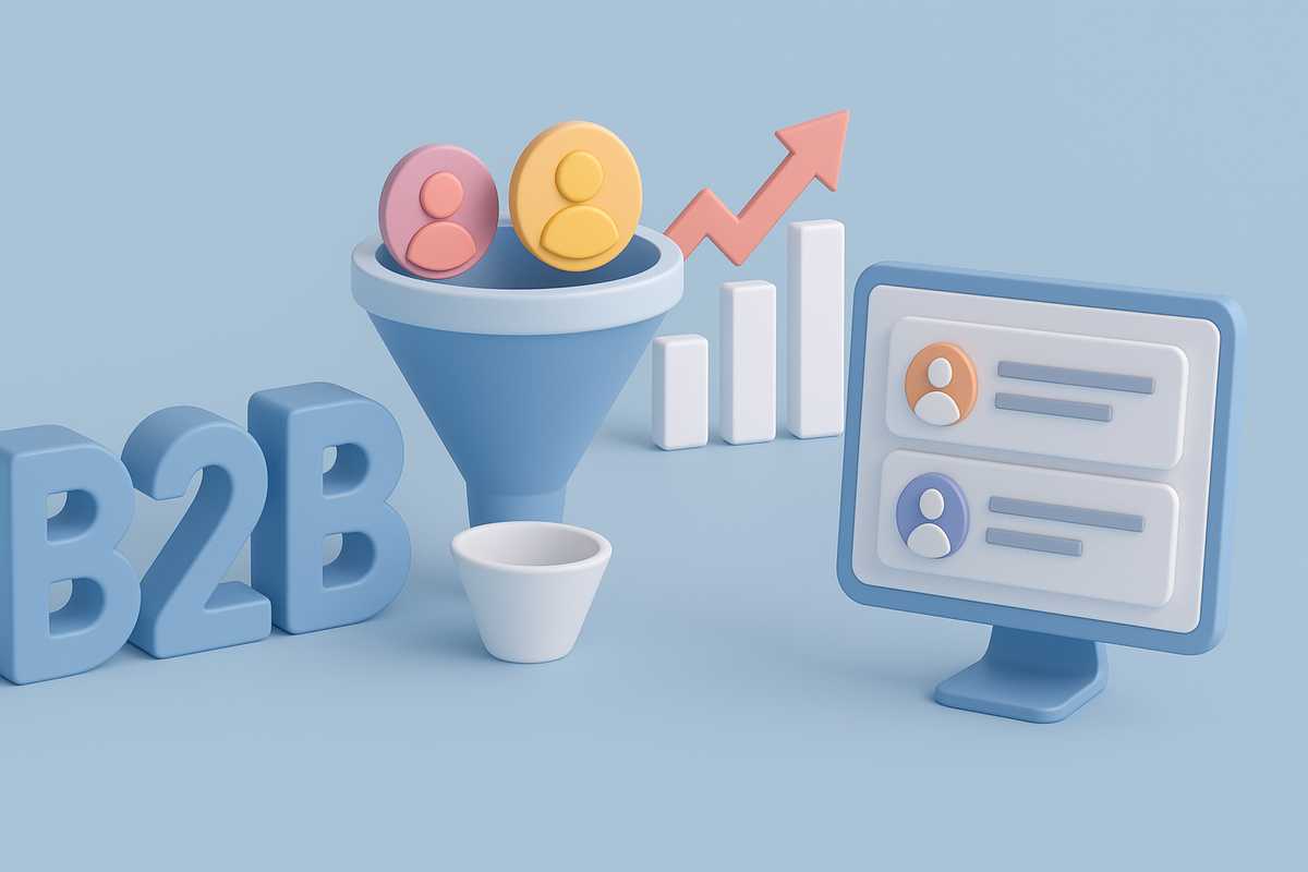 A 3D illustration of a B2B lead generation funnel with user icons, a rising growth chart, and a computer screen displaying lead profiles.