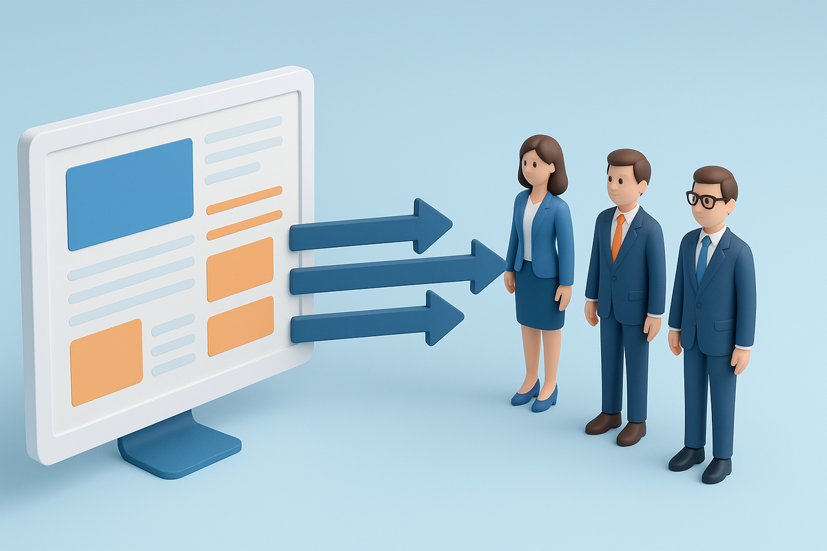 3D illustration of business professionals receiving information from a computer screen, symbolizing fast and targeted enterprise content syndication.