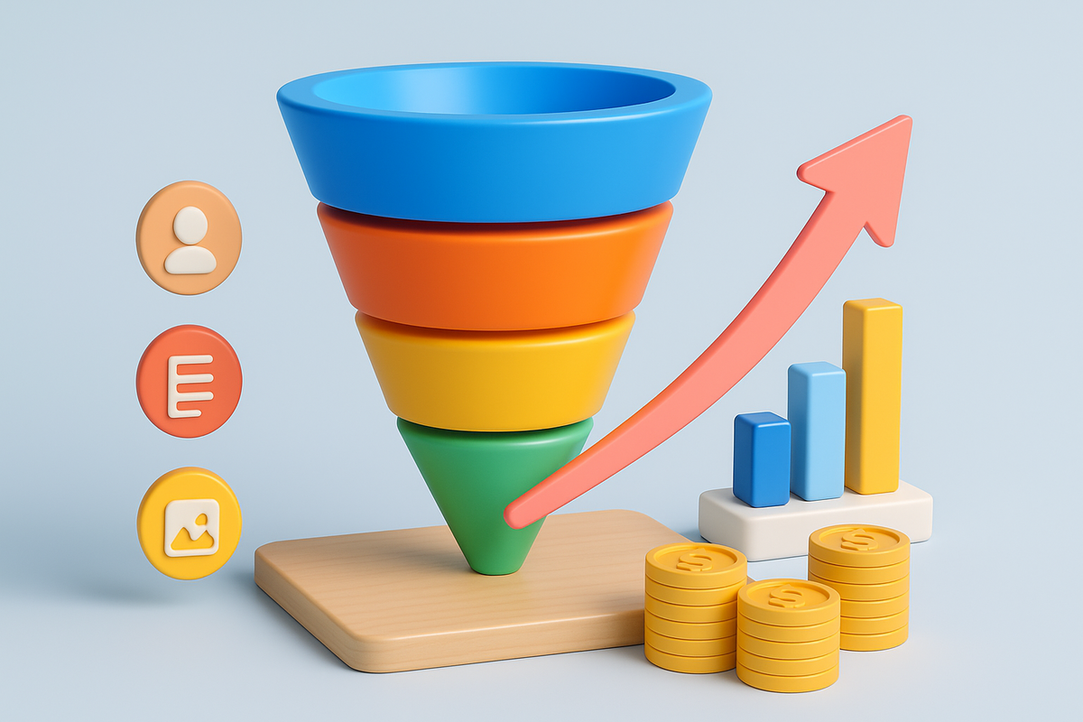 Colorful 3D sales funnel turning leads into revenue with rising growth arrow and gold coins – content syndication concept.