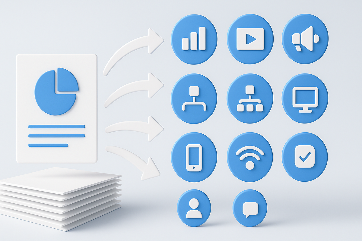 A 3D illustration showing a whitepaper with a blue pie chart icon on the left, with three white arrows pointing toward a grid of twelve blue circular icons on the right. The icons represent different content formats, including analytics, video, audio, org chart, workflow, computer, mobile, Wi-Fi, checklist, user profile, and chat. The visual conveys the concept of repurposing one research report into multiple content assets.