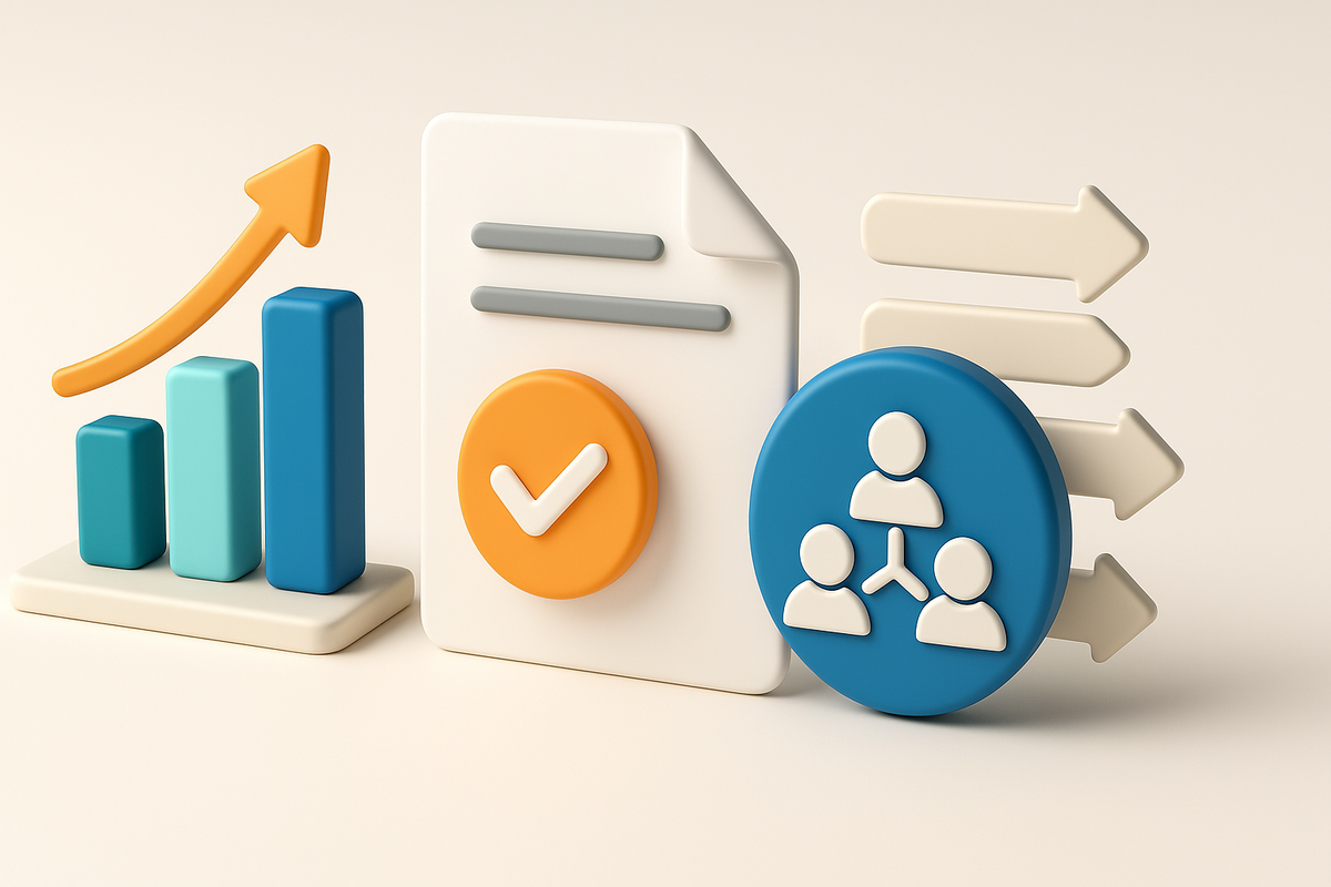 3D illustration featuring a rising bar chart with an upward arrow, a document icon with a large checkmark, and a blue circle showing three connected user figures, symbolizing growth, verified content, and targeted audience engagement—representing modern whitepaper syndication strategies.