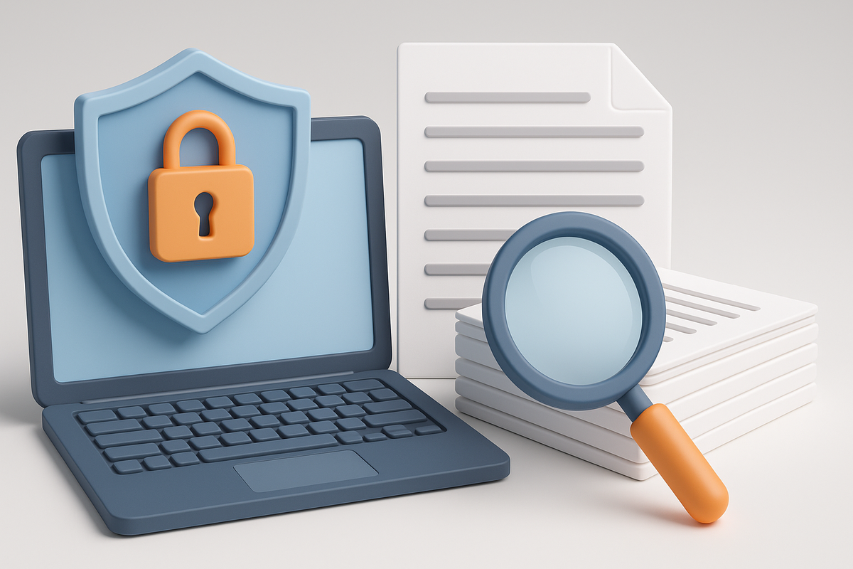 A stylized illustration showing a laptop with a shield and padlock symbolizing security, stacked documents representing detailed reports or whitepapers, and a magnifying glass highlighting the need for deeper analysis—depicting concepts related to Zero Trust cybersecurity frameworks.
