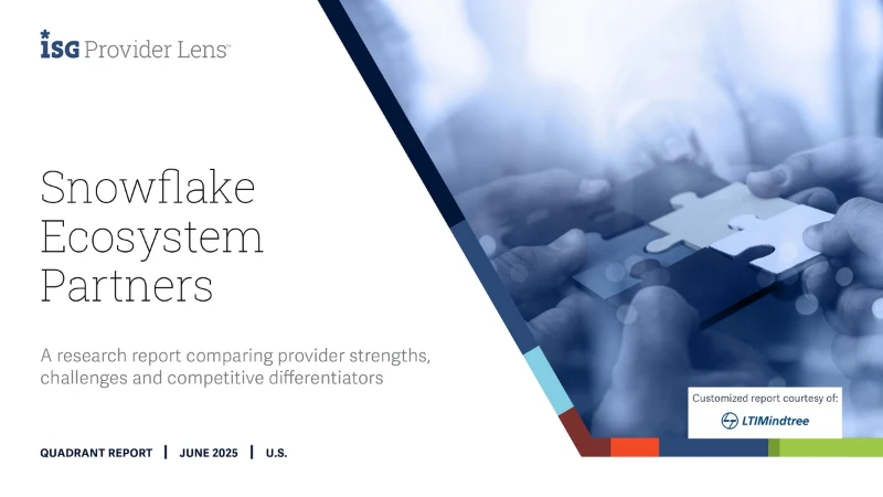Cover page of the ISG Provider Lens report titled ‘Snowflake Ecosystem Partners,’ featuring a puzzle piece graphic representing collaboration, with the LTIMindtree logo indicating customization of the report.