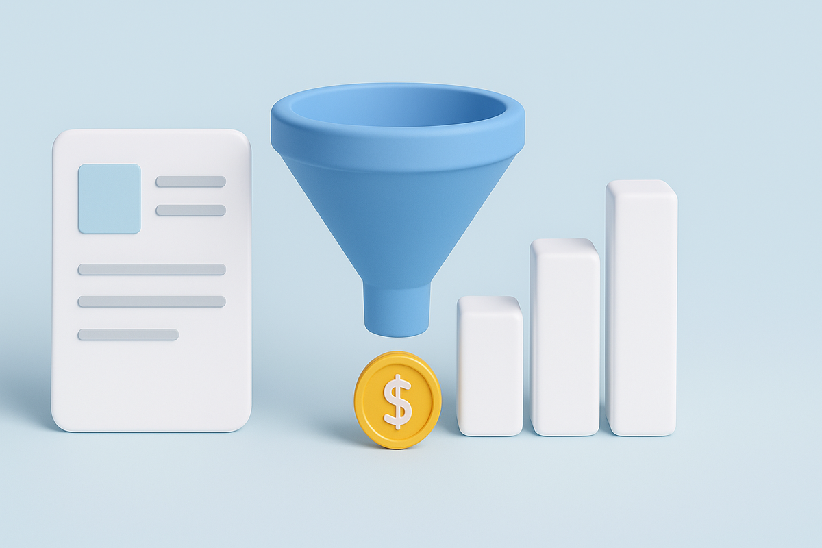 Illustration of a marketing funnel converting whitepapers and reports into revenue, showing a document, lead funnel, coin, and growth bars representing predictable B2B lead generation.