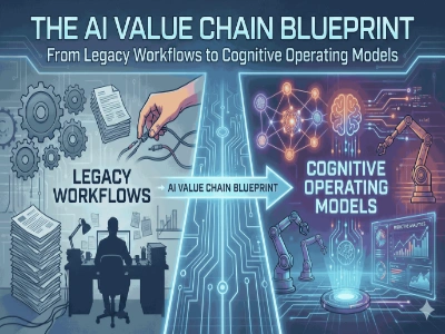 A diagram illustrating the AI Value Chain Blueprint, detailing the stages required to transition from legacy business workflows to a new cognitive operating model using data, machine learning, and automation.