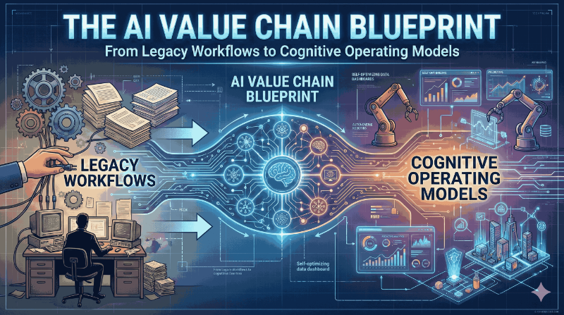 A diagram illustrating the AI Value Chain Blueprint, detailing the stages required to transition from legacy business workflows to a new cognitive operating model using data, machine learning, and automation.