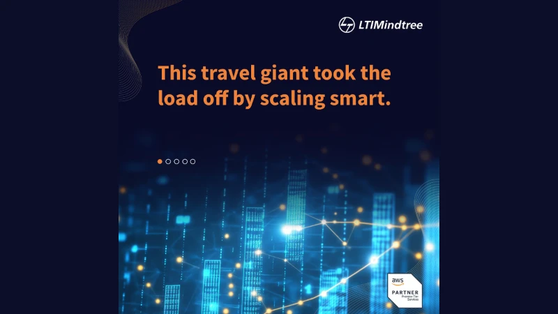 Promotional graphic showing the message “This travel giant took the load off by scaling smart,” with digital data visuals and LTIMindtree and AWS Partner logos, representing cloud scalability and AWS-powered transformation.