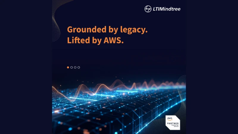 "LTIMindtree banner with the headline ‘Grounded by legacy. Lifted by AWS.’ displayed over a digital futuristic grid pattern, highlighting cloud transformation, with the AWS Partner Premier Tier Services badge in the corner