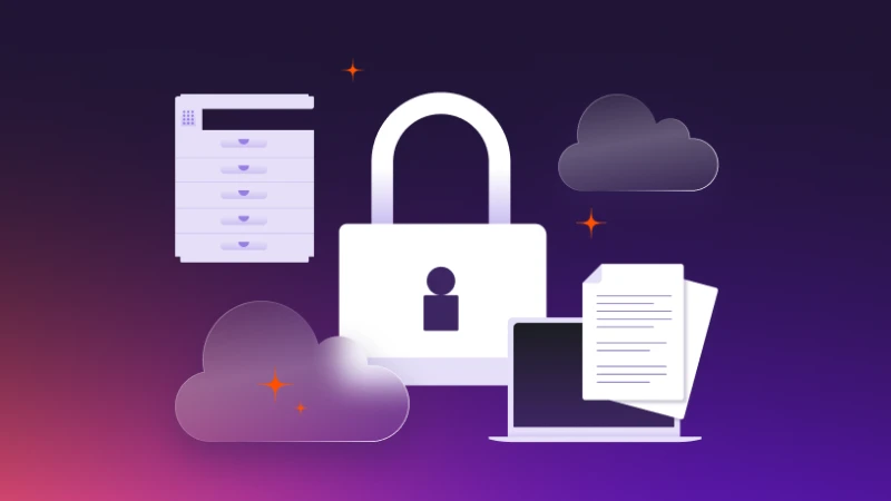 Illustration showing enterprise IT security challenges across cloud, data, and access systems