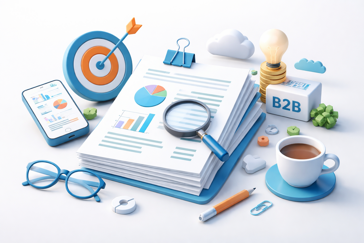 B2B professionals reviewing a whitepaper on a digital device as part of a lead generation and content syndication strategy.