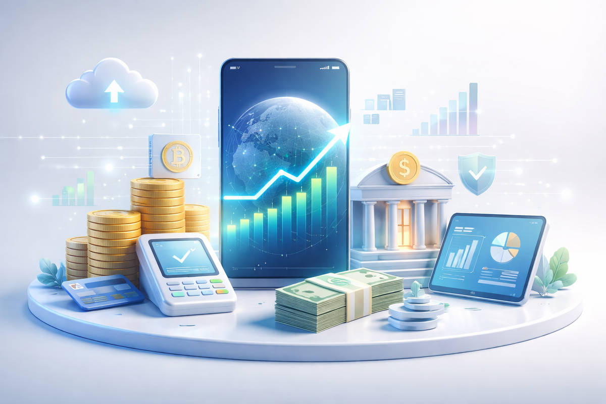 FinTech platform showing digital payments, AI analytics, and blockchain financial technology