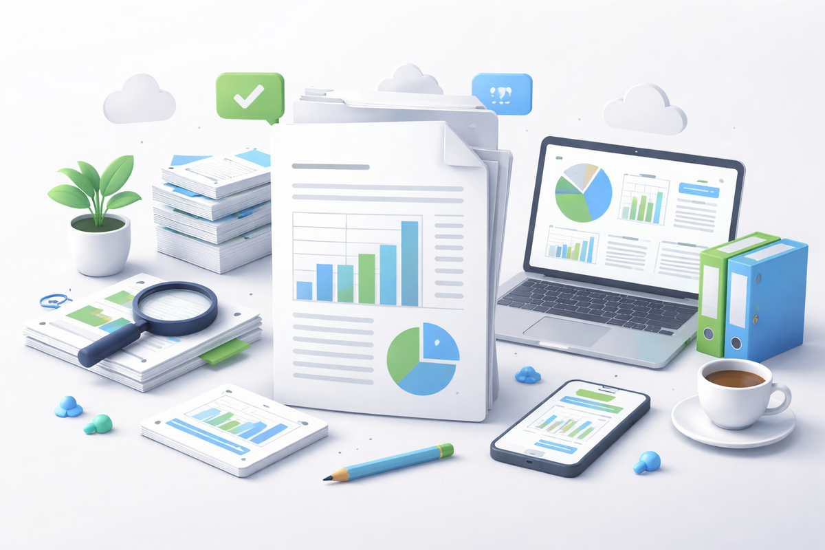 B2B professionals analyzing industry whitepapers and research reports