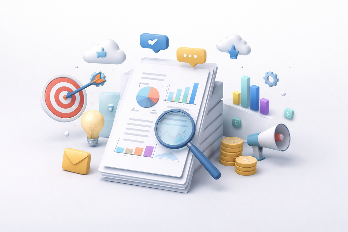 Business professionals analyzing industry whitepapers and research insights