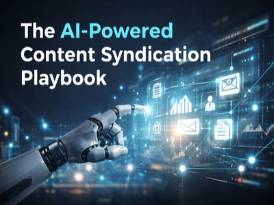 AI-powered content syndication concept with a robotic hand interacting with a digital marketing dashboard, featuring analytics, email, and content icons on a futuristic blue interface.
