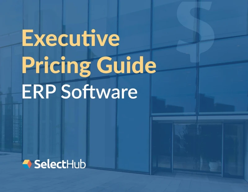 Executive Pricing Guide for ERP Software with SelectHub branding displayed over a modern corporate building background in blue tones.
