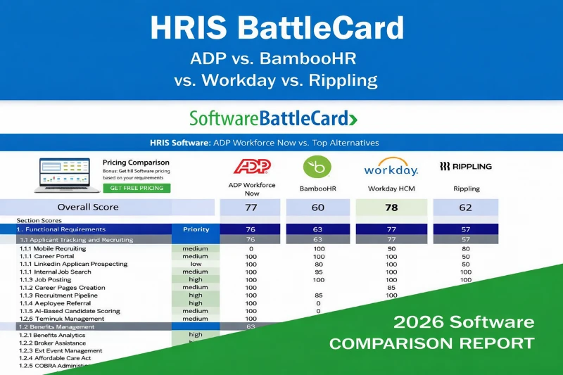 HRIS BattleCard comparison chart showing ADP Workforce Now, BambooHR, Workday HCM, and Rippling with overall scores, feature breakdowns, and a 2026 software comparison report banner.