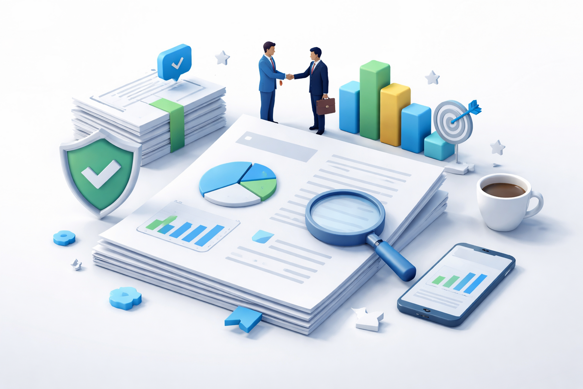 Business professionals reviewing a research-driven whitepaper to evaluate solutions