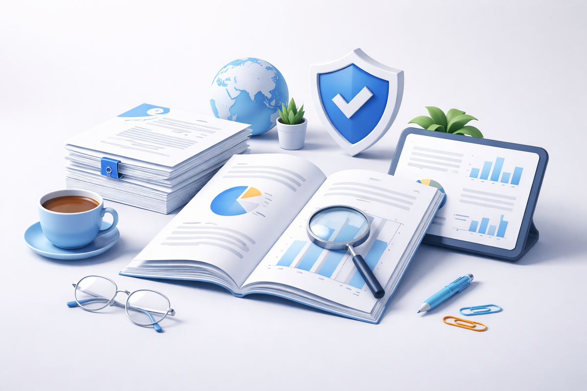 Business professionals studying an industry whitepaper for strategic insights