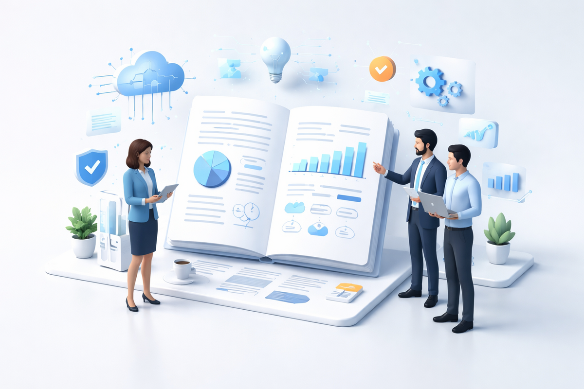 Business leaders reviewing a technology whitepaper to understand complex systems