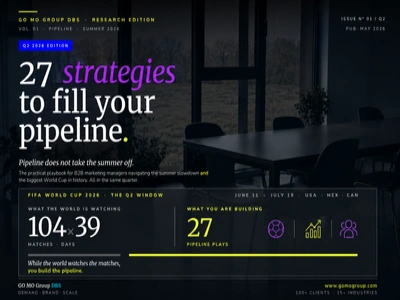 Futuristic B2B marketing report cover with bold typography, modern office visuals, and Q2 pipeline growth theme.