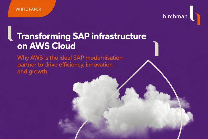 Modern purple and orange AWS SAP whitepaper cover with cloud graphics and bold enterprise technology branding.