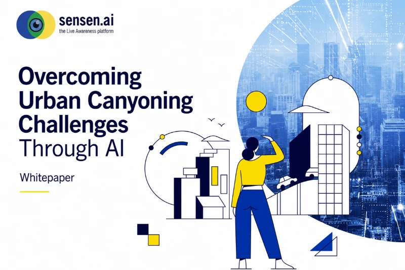 AI-powered urban canyoning solution illustration featuring a smart city skyline, futuristic digital mapping elements, and a modern character interacting with AI-driven navigation technology for safer and smarter urban mobility.