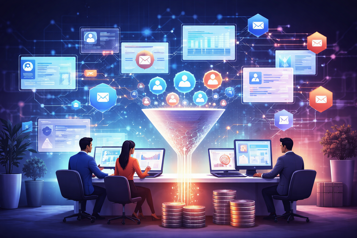 First-party data and content syndication strategy generating B2B leads through whitepapers and research content.