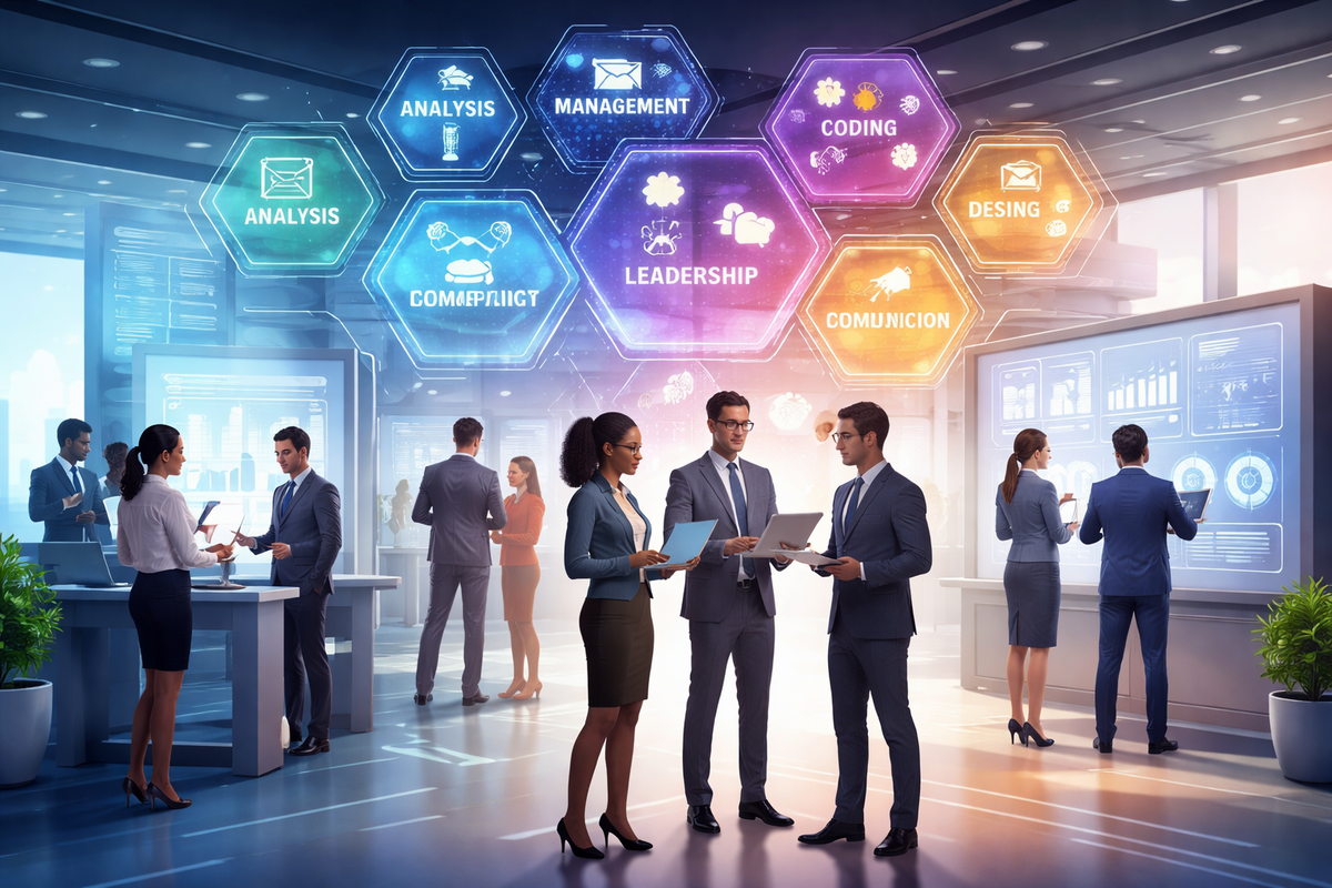 technical infographic showing the transition from traditional 'Job Silos' to a 'Capability Mesh' where employees are deployed based on real-time project needs and verified AI-literacy skills.