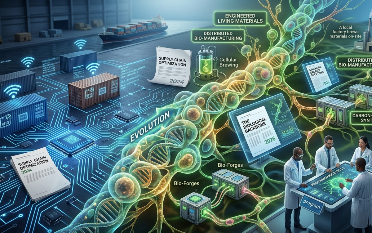 A technical infographic illustrating 'Cellular Brewing,' where industrial CO2 waste is captured and fed to engineered microbes to produce high-value bio-plastics and textiles.