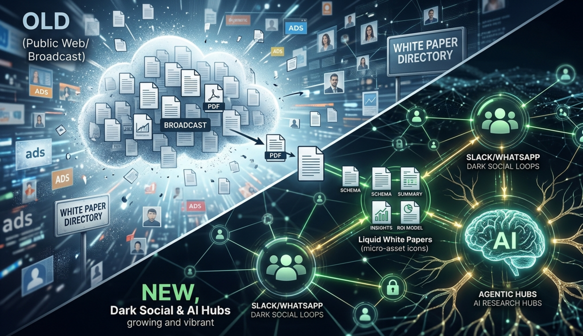 The broad blast is dead. Discover how Dark Social, AI Agents, and "Liquid Assets" are redefining white paper syndication and lead gen in 2026.