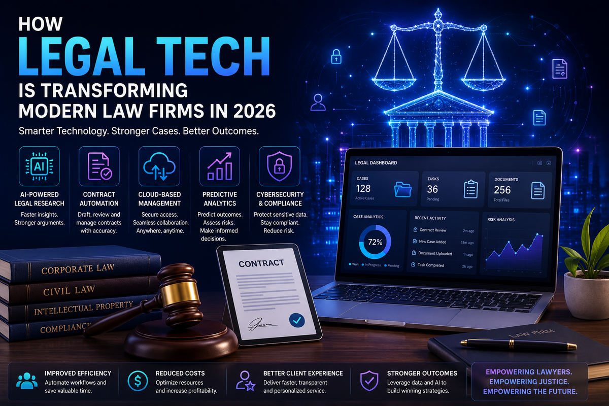 Futuristic legal tech illustration showing AI-powered law firm systems, digital contracts, cybersecurity protection, and legal analytics dashboards.