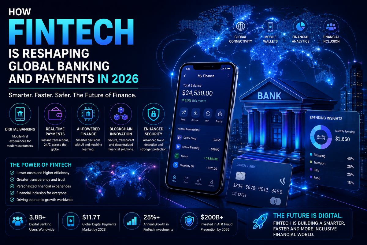 Futuristic fintech illustration showing AI-powered banking, digital payments, blockchain networks, mobile wallets, and financial analytics dashboards.