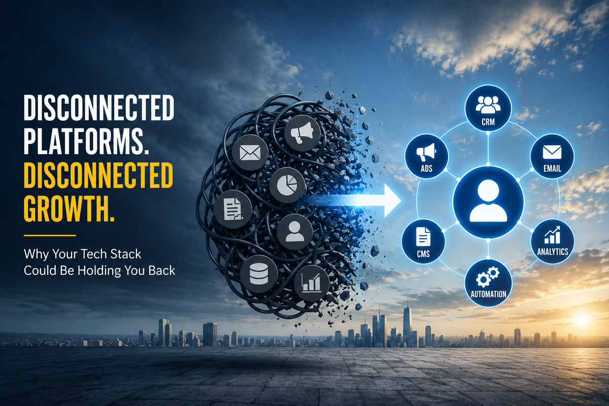 Marketing platform integration illustration showing disconnected CRM, email, analytics, CMS, advertising, and automation systems unified into a connected customer data ecosystem.