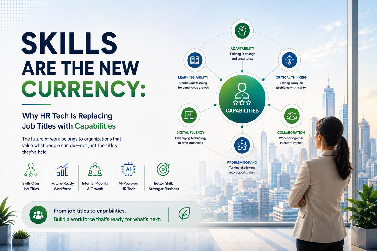 Illustration of HR tech enabling skills-based hiring through workforce capabilities and AI-driven talent intelligence.