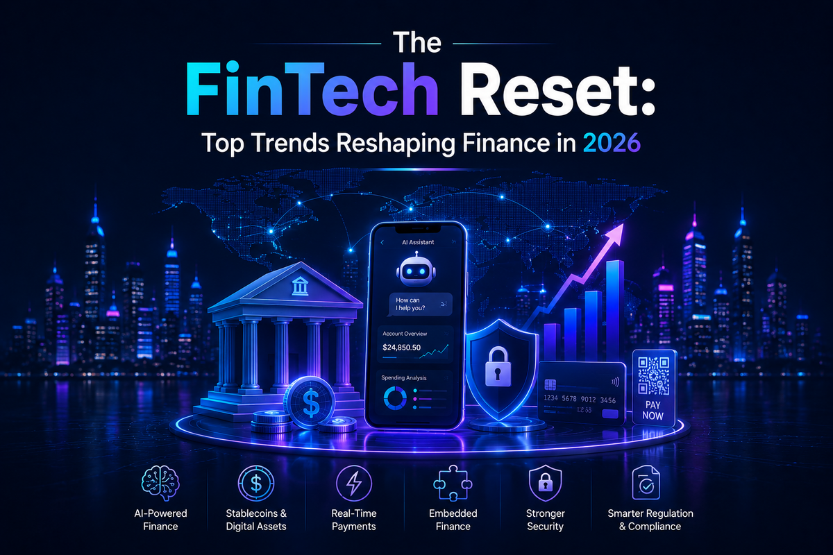 Modern fintech illustration showing AI banking, digital payments, stablecoins, cybersecurity, and financial technology innovation.