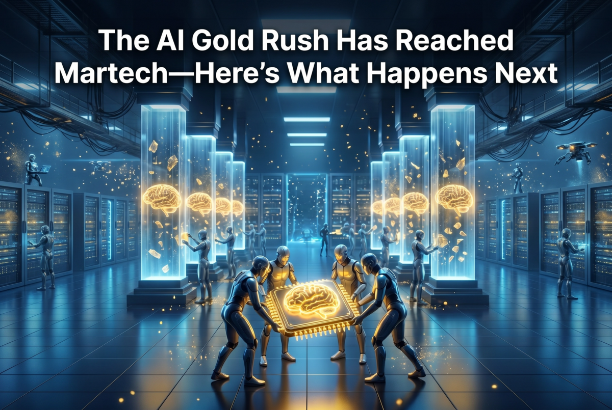AI in Martech illustration showing humanoid robots collaborating around a glowing AI processor inside a futuristic data center, symbolizing the rapid adoption of artificial intelligence in marketing technology and digital transformation.