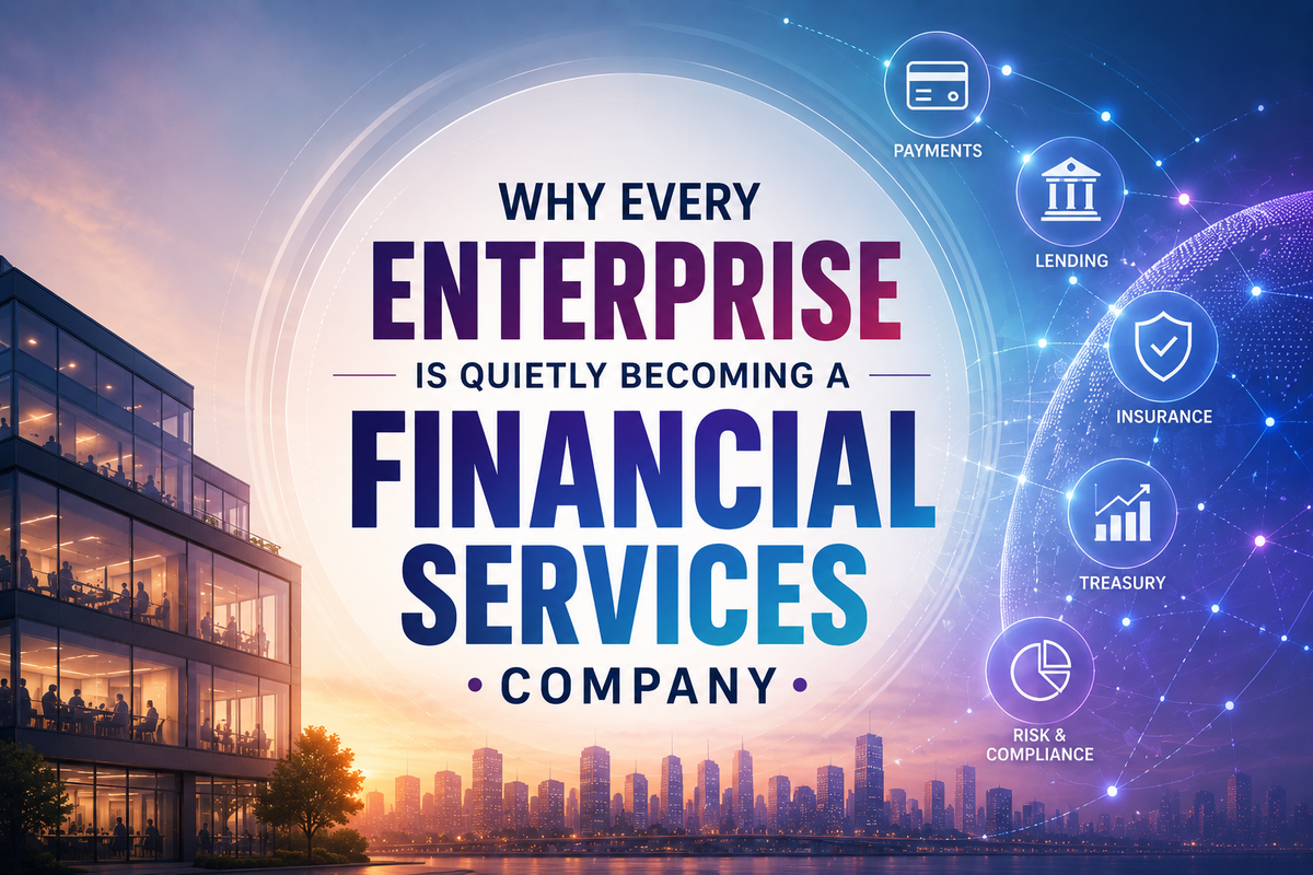 Enterprise FinTech illustration showing businesses integrating financial services.