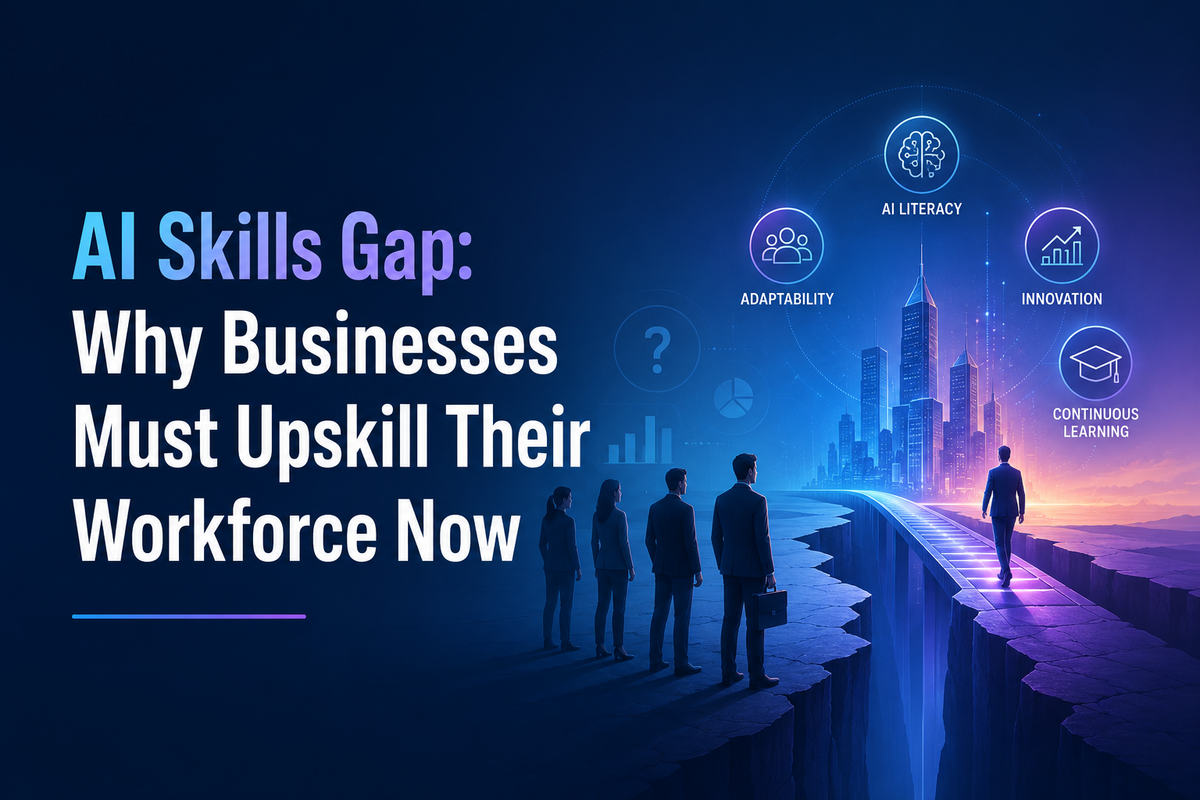 AI Skills Gap: Business professionals crossing a digital bridge toward an AI-powered future, representing workforce upskilling, AI literacy, continuous learning, and business transformation.